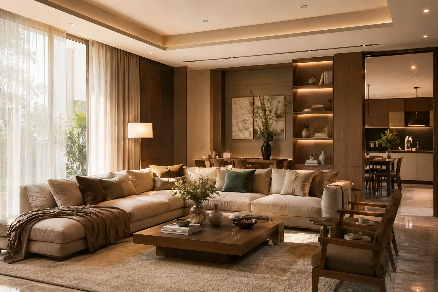 Desain interior ruang tamu modern dengan nuansa hangat dan elegan