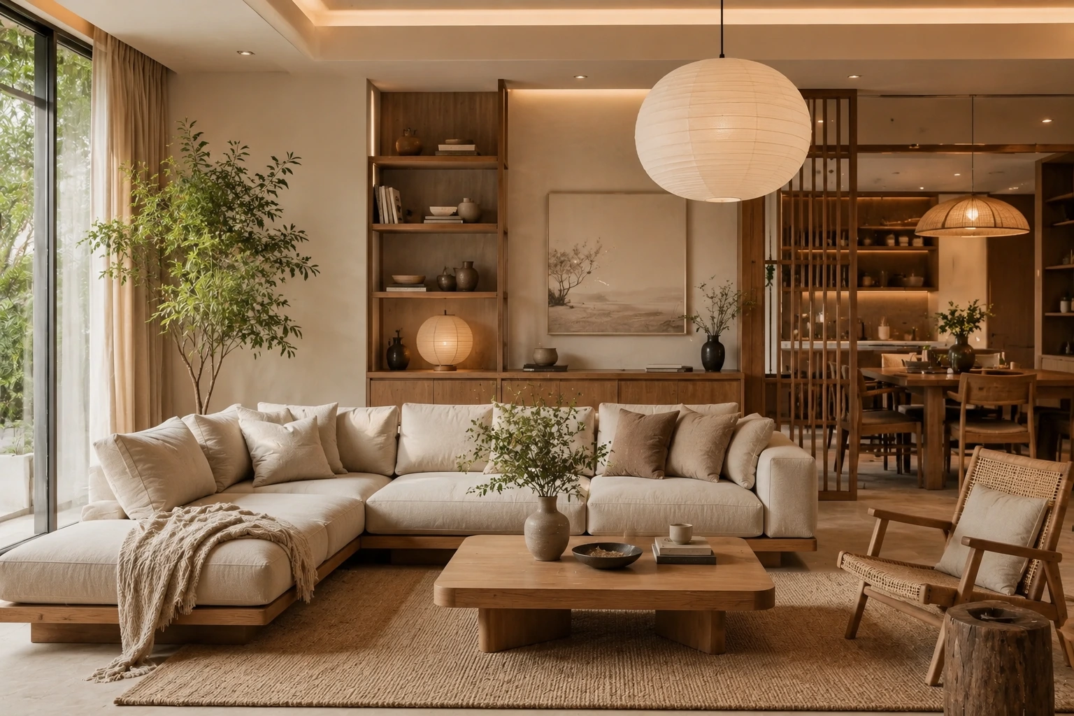 Interior ruang tamu Japandi dengan furniture kayu dan nuansa natural