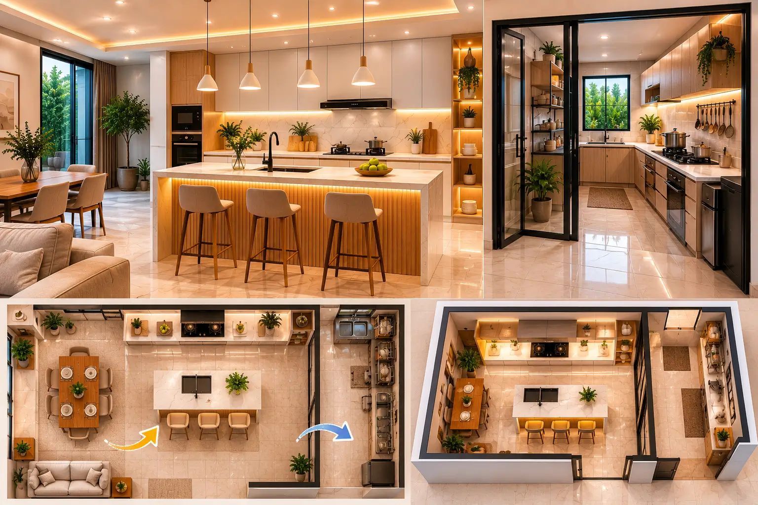 Layout dapur rumah minimalis dengan area dapur bersih dan dapur kotor.