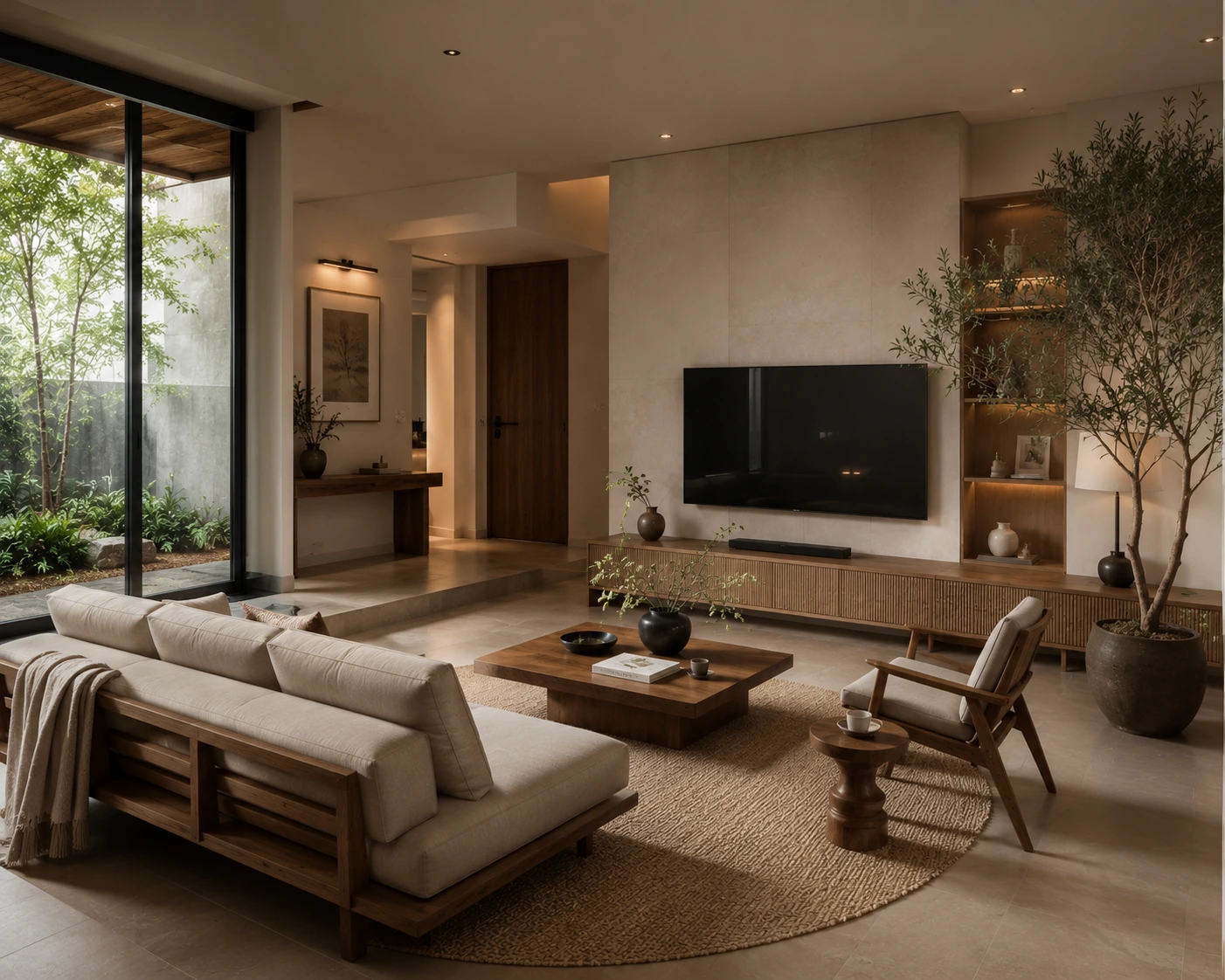 Ruang tamu estetik bergaya Japandi dengan furniture kayu dan nuansa natural