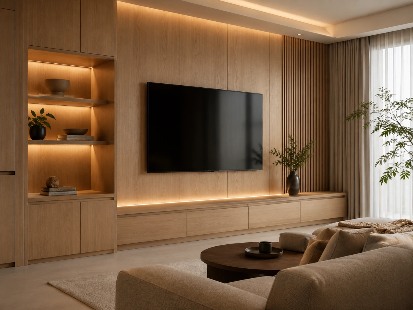 Backdrop TV dan kabinet kayu sungkai untuk ruang keluarga modern