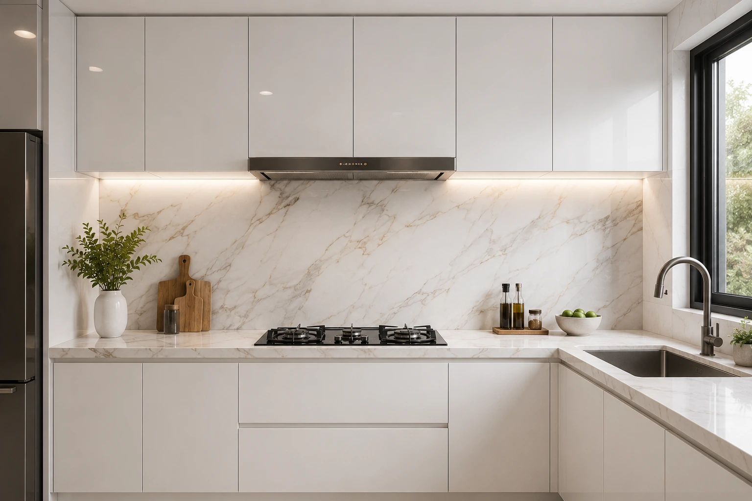Backsplash dapur minimalis dengan kitchen set modern berwarna putih