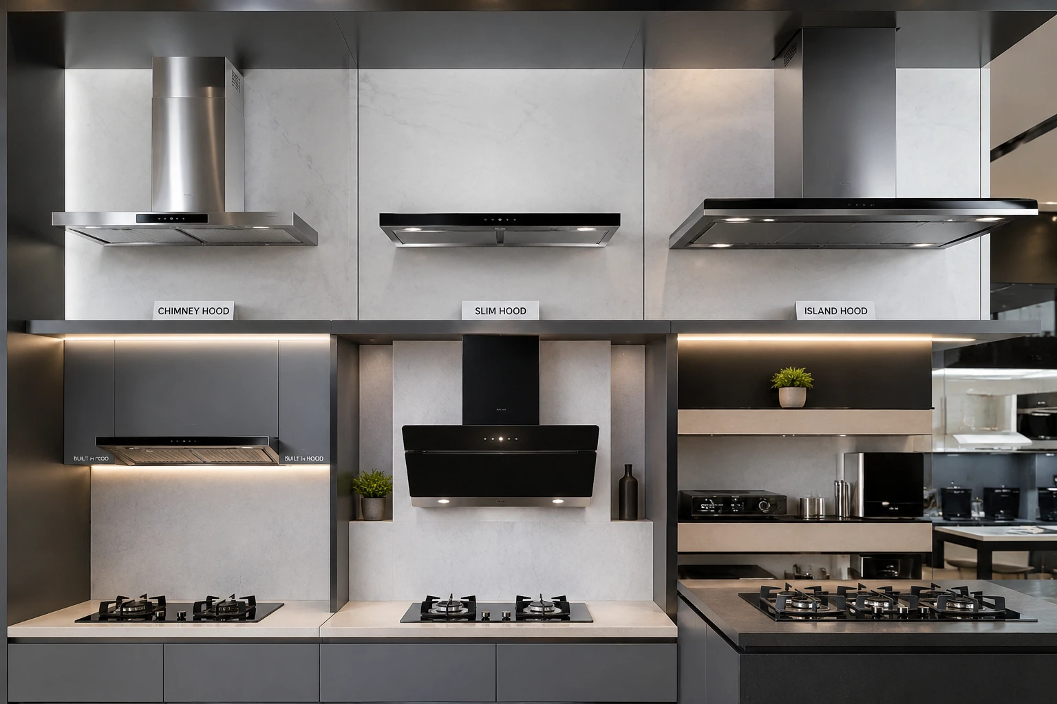 Berbagai jenis cooker hood seperti chimney, slim, island, dan built in untuk dapur modern