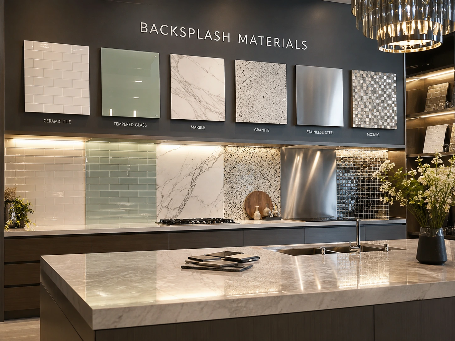 Berbagai material backsplash dapur seperti keramik, marmer, granit, dan kaca tempered