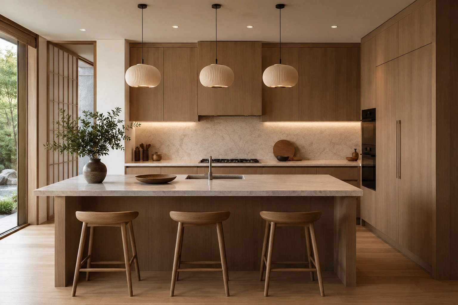 Desain dapur japandi minimalis dengan kabinet kayu dan nuansa natural.