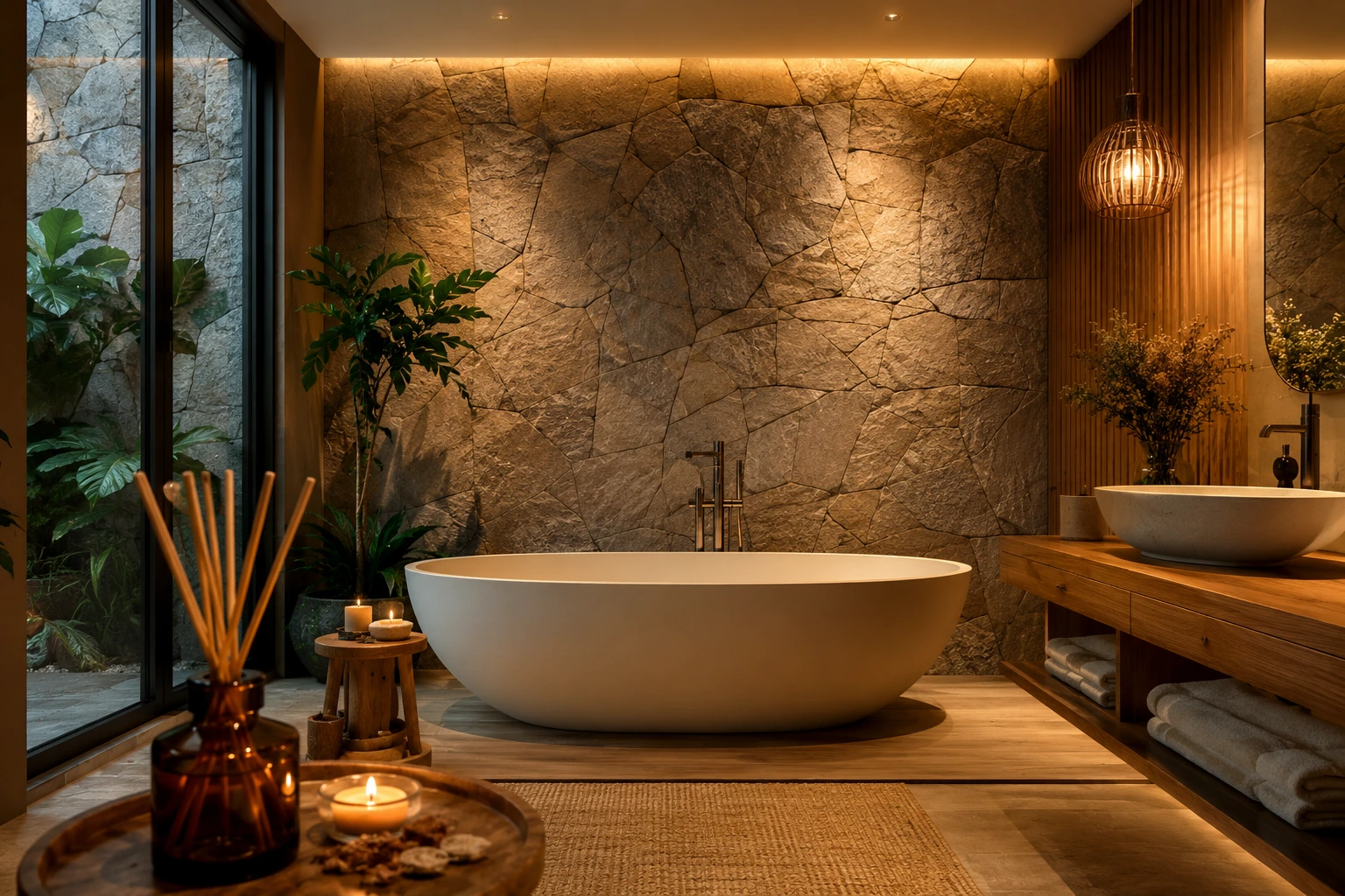 Desain kamar mandi ala spa dengan bathtub dan pencahayaan hangat
