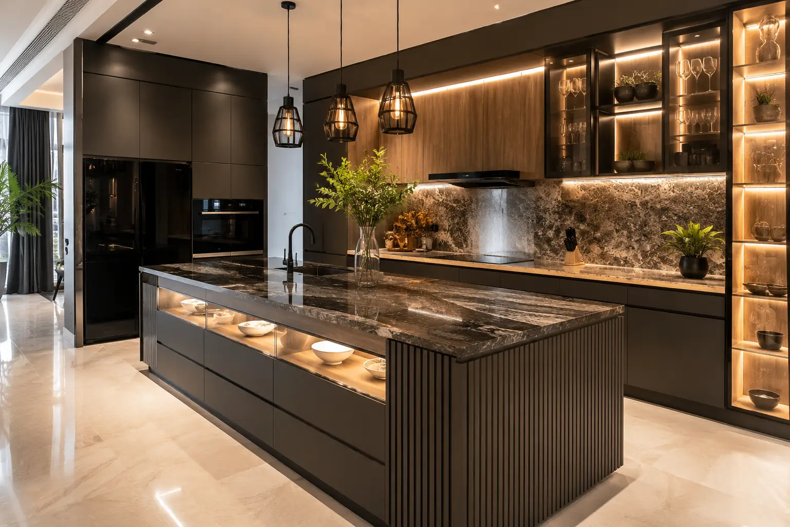 Desain kitchen set custom modern dengan island dan countertop granit