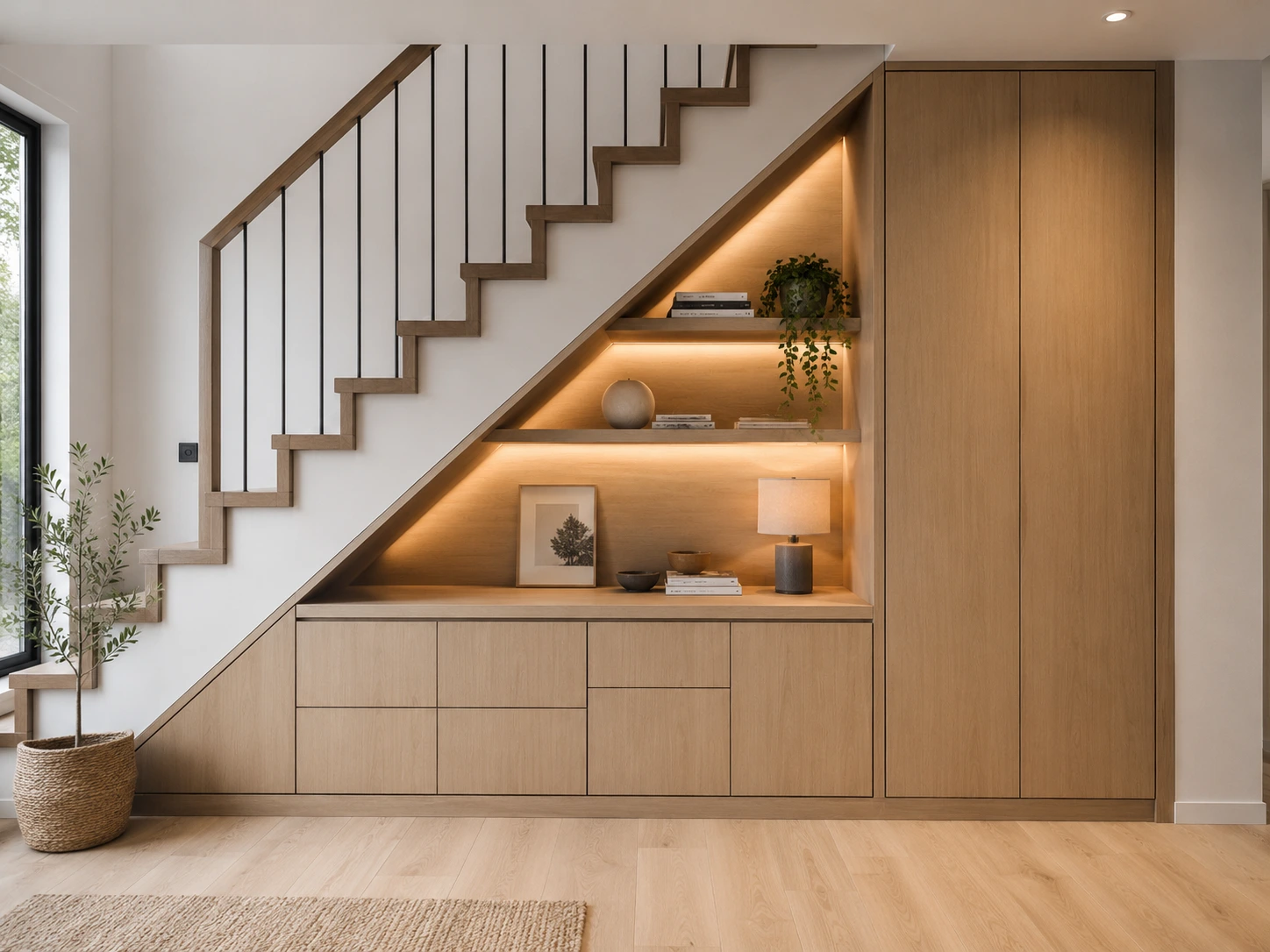 Desain lemari bawah tangga minimalis modern dengan kabinet penyimpanan custom