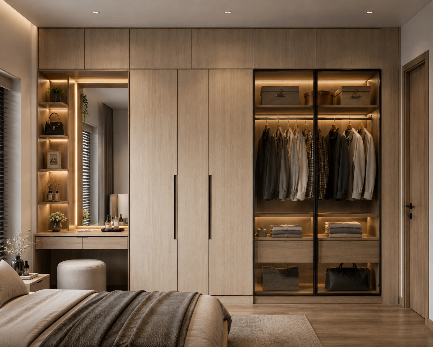 Desain lemari custom modern menyatu dengan interior kamar tidur minimalis