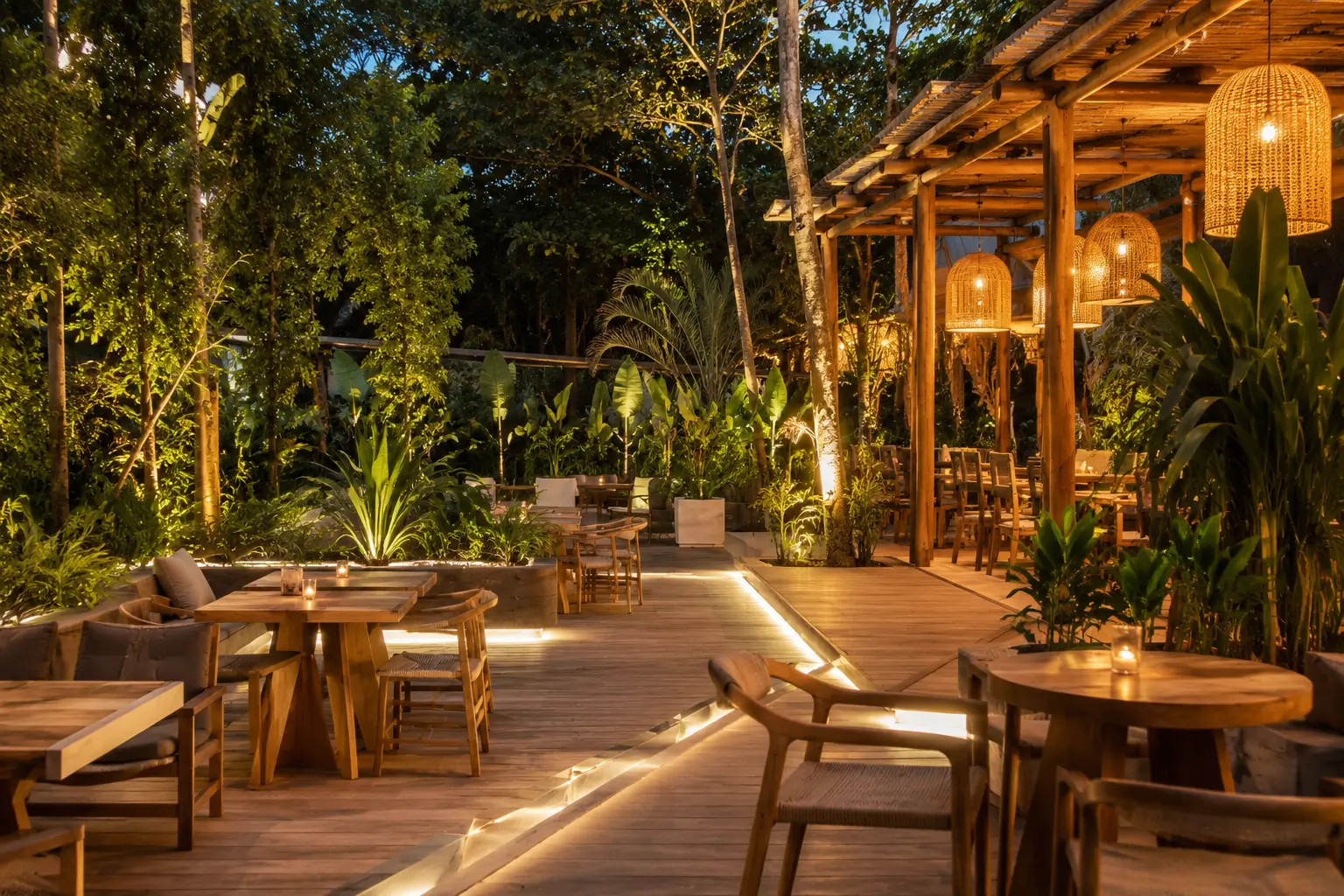 Desain restoran outdoor minimalis dengan konsep natural dan nyaman.