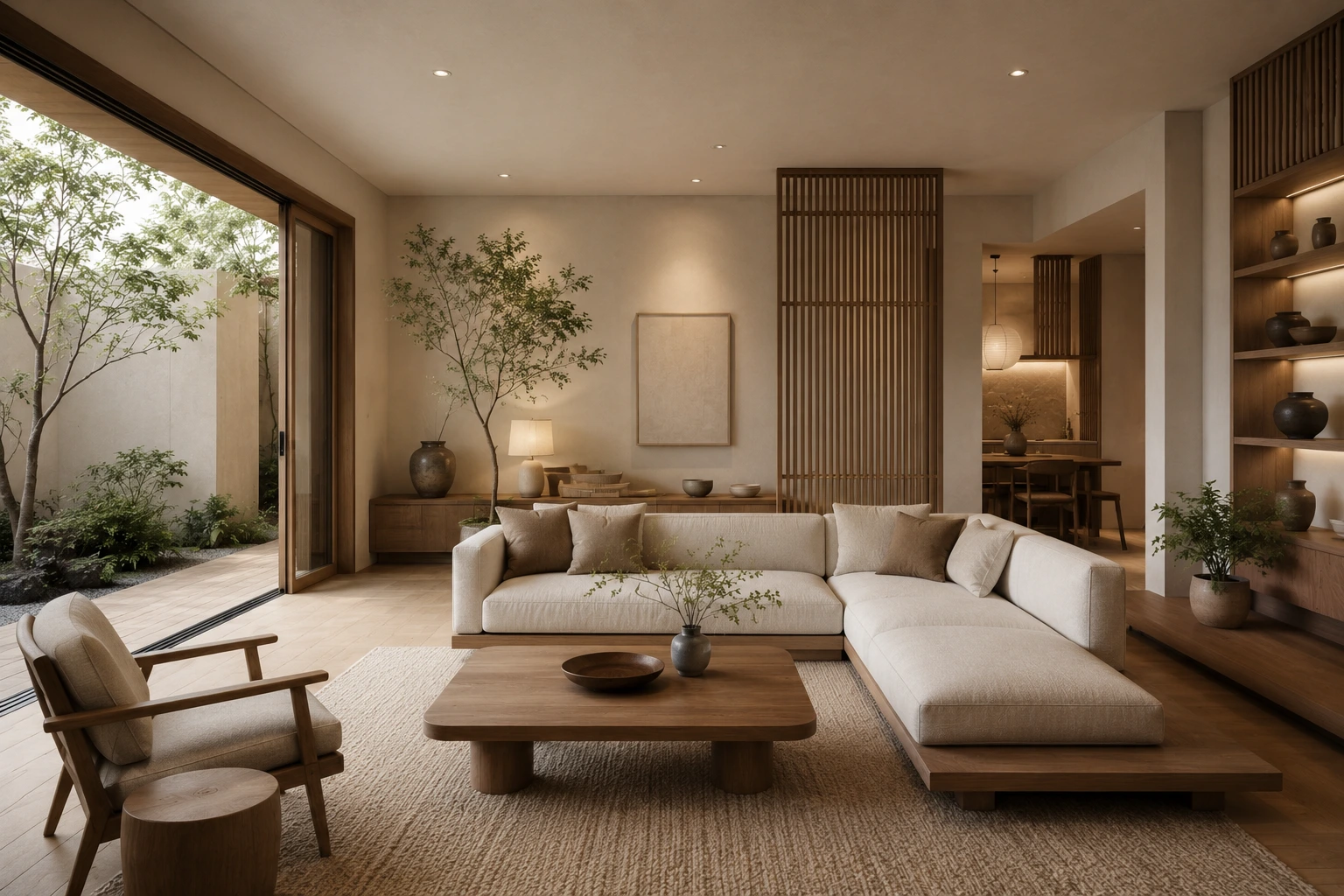 Desain ruang tamu interior japandi minimalis dengan furnitur kayu dan pencahayaan alami.