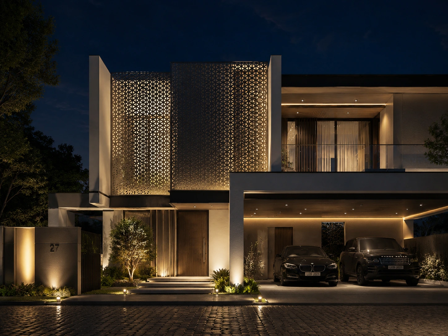 Desain secondary skin modern dengan panel geometris pada fasad rumah minimalis