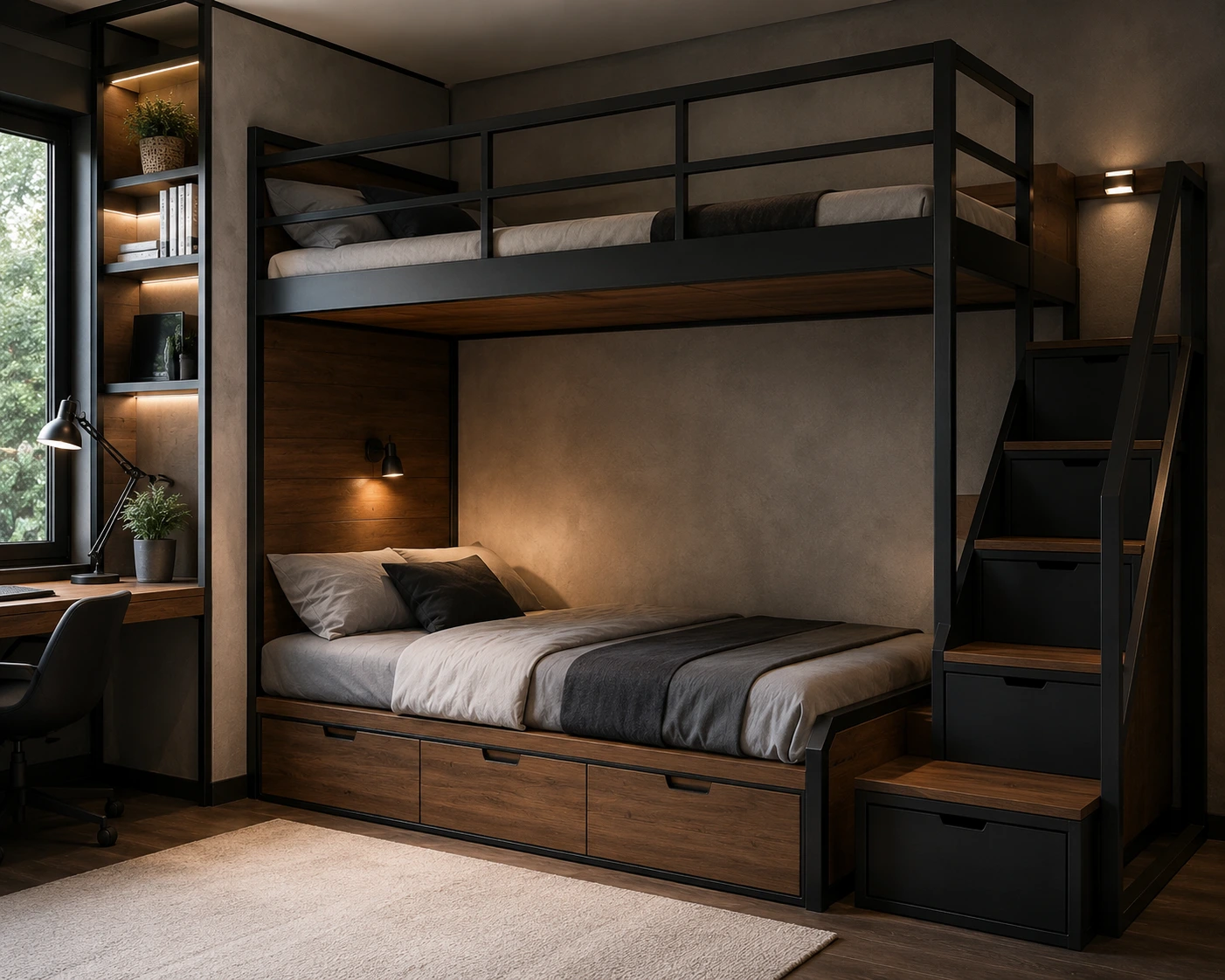 Desain tempat tidur tingkat industrial modern dengan kombinasi besi dan kayu.