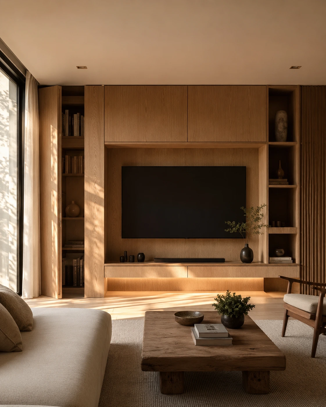 Furnitur custom minimalis dengan kabinet built-in pada ruang tamu modern