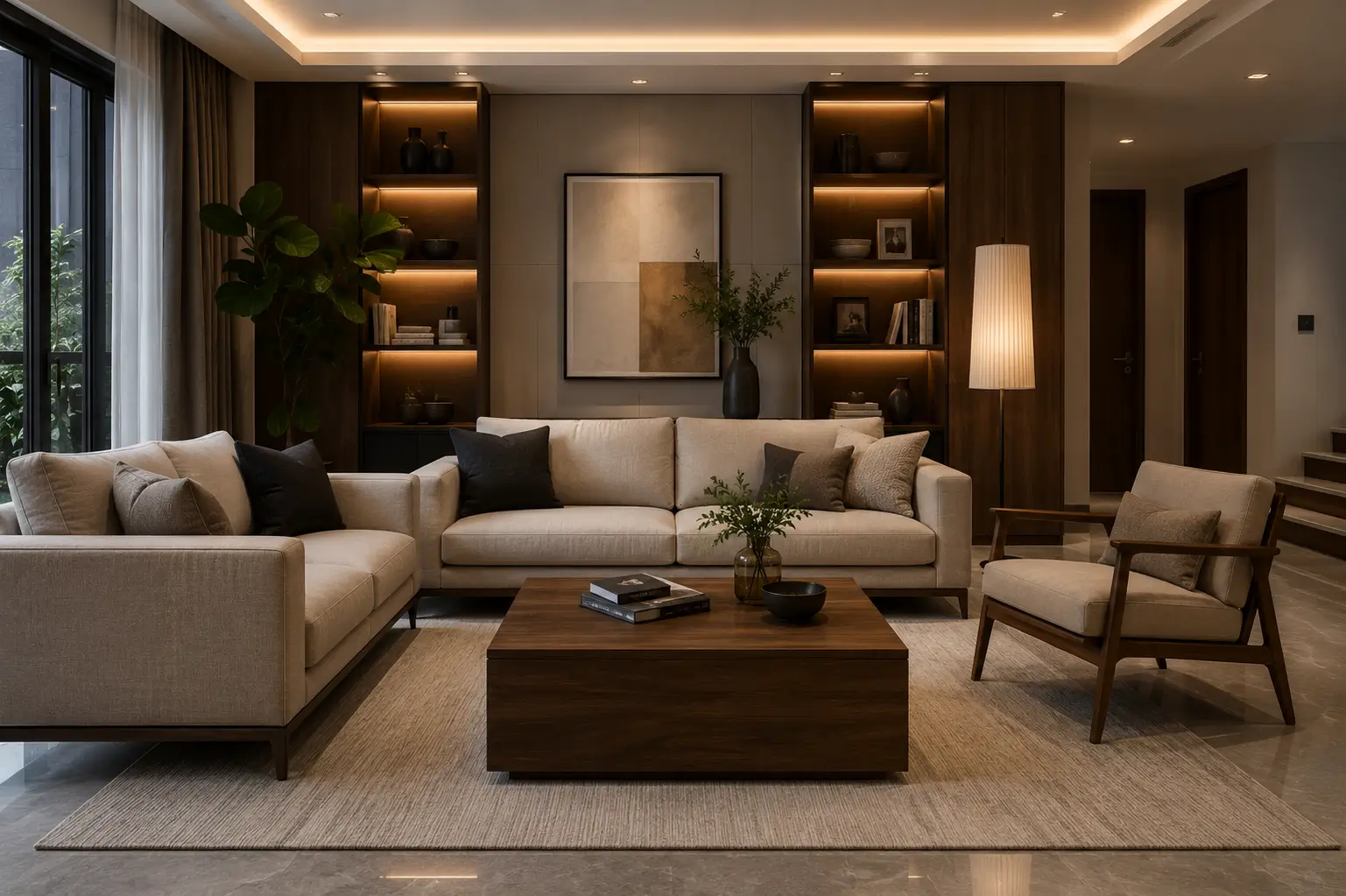 Furniture indoor modern pada ruang tamu minimalis dengan desain elegan