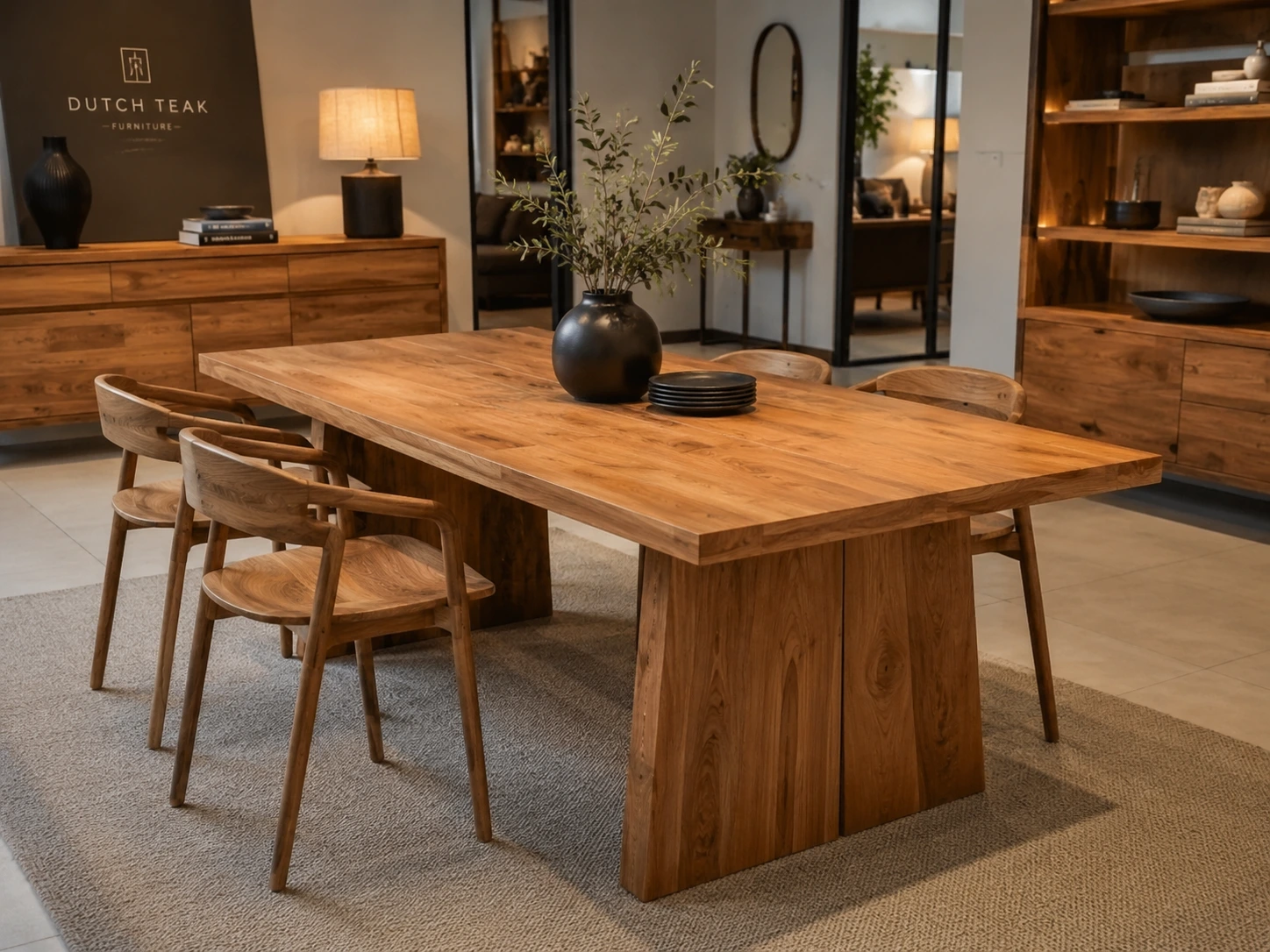Furniture kayu jati Belanda dengan tampilan natural pada interior rumah minimalis modern.