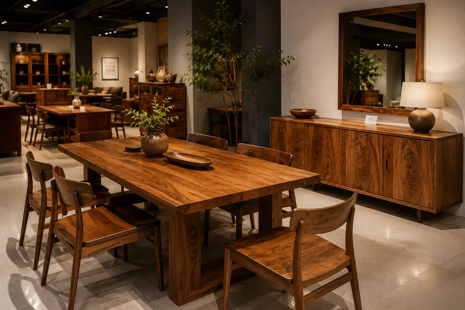 Furniture kayu solid premium dengan serat kayu alami pada interior modern.