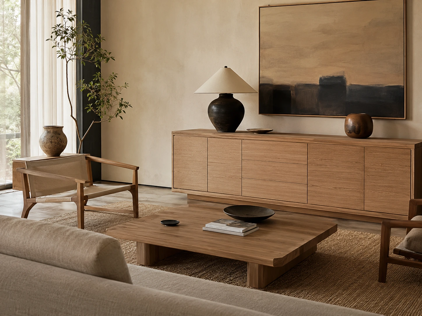 Furniture kayu sungkai untuk interior rumah minimalis modern bergaya Japandi.