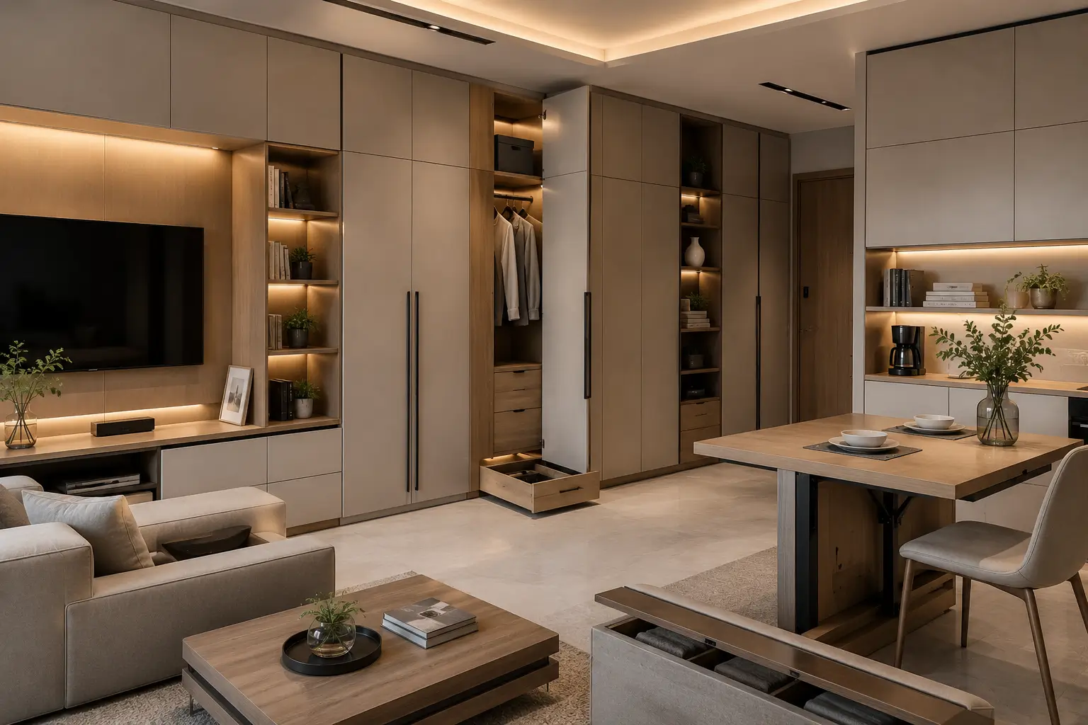 Furniture multifungsi custom dengan storage tersembunyi pada rumah minimalis modern