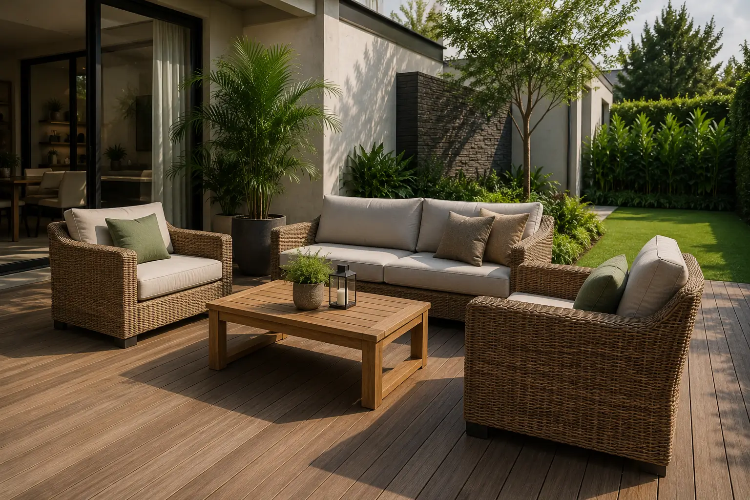 Furniture outdoor pada area teras rumah dengan material tahan cuaca