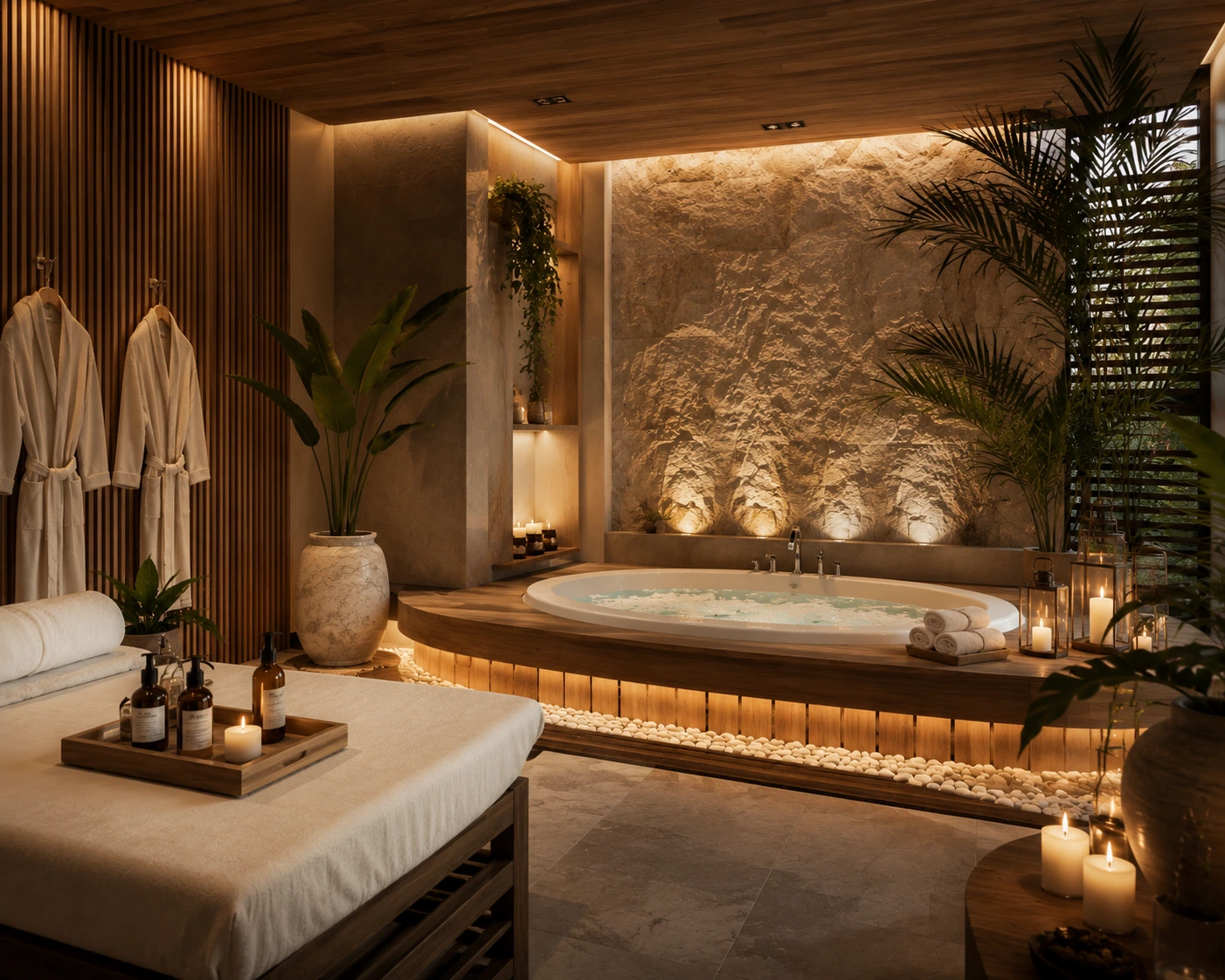 Interior spa rumah modern dengan suasana relaksasi yang hangat dan elegan