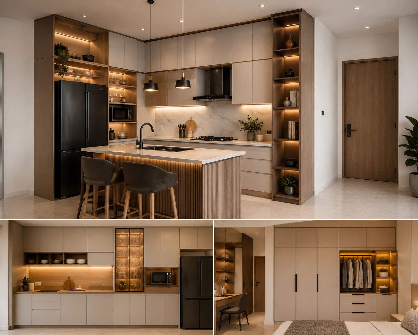 Kitchen set dan lemari custom menggunakan plywood serta finishing HPL pada interior modern.