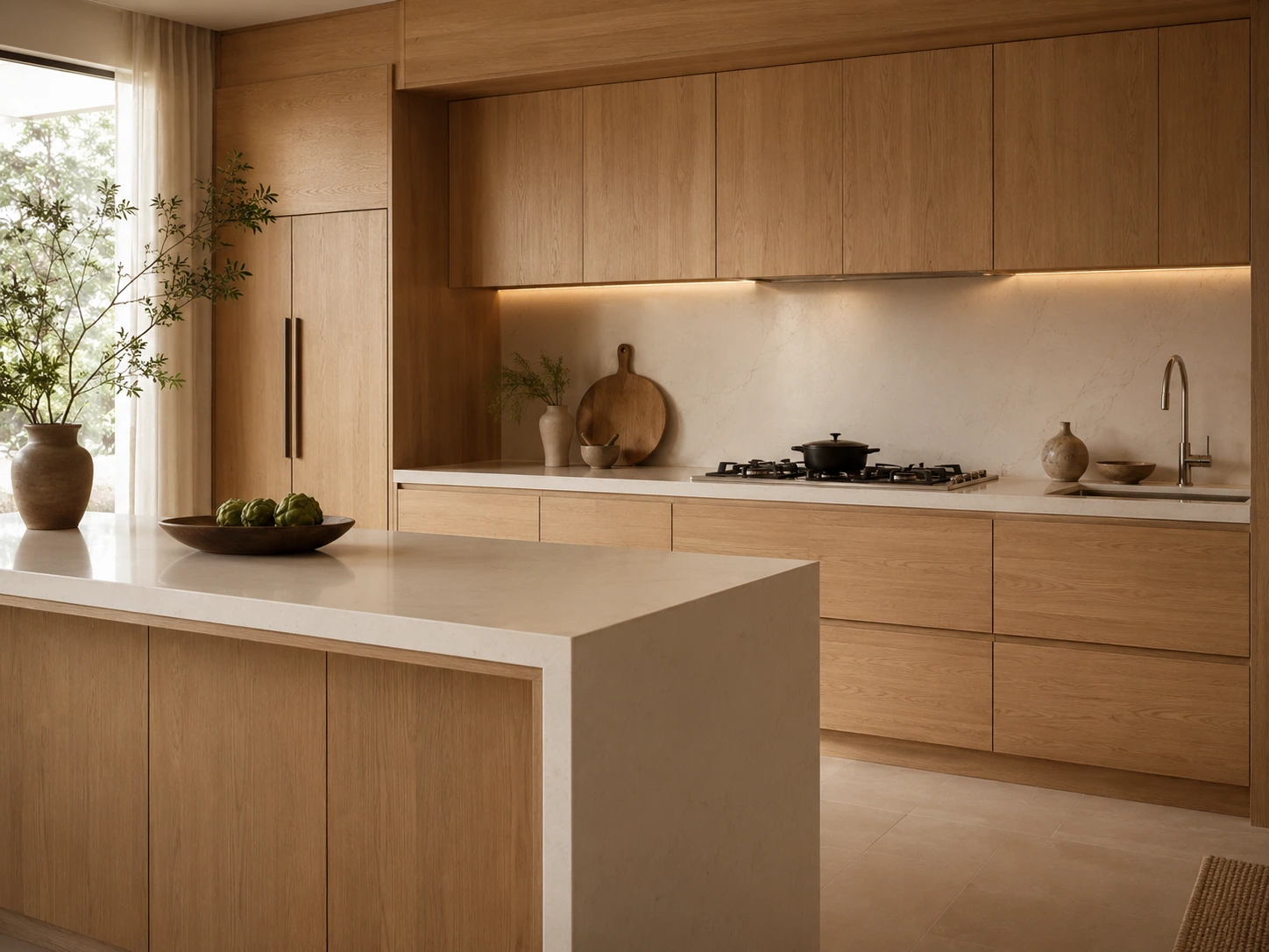 Kitchen set kayu sungkai dengan kabinet custom bergaya modern natural
