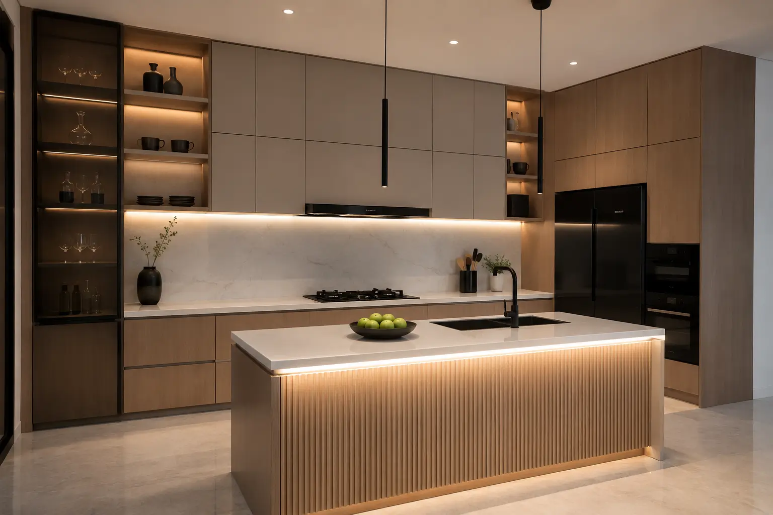 Kitchen set minimalis modern dengan kabinet custom dan penyimpanan yang rapi