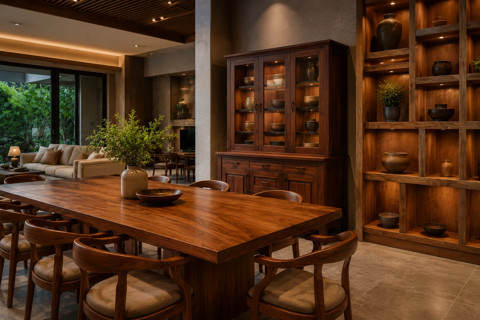 Koleksi furniture kayu solid premium dengan material jati, mahoni, dan oak pada interior modern.