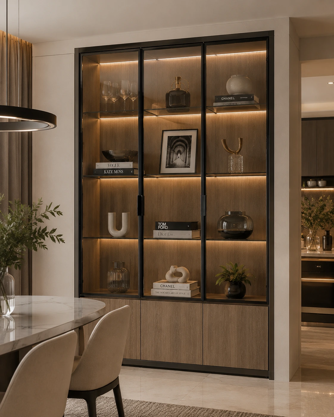 Lemari kaca kombinasi kayu pada ruang makan modern