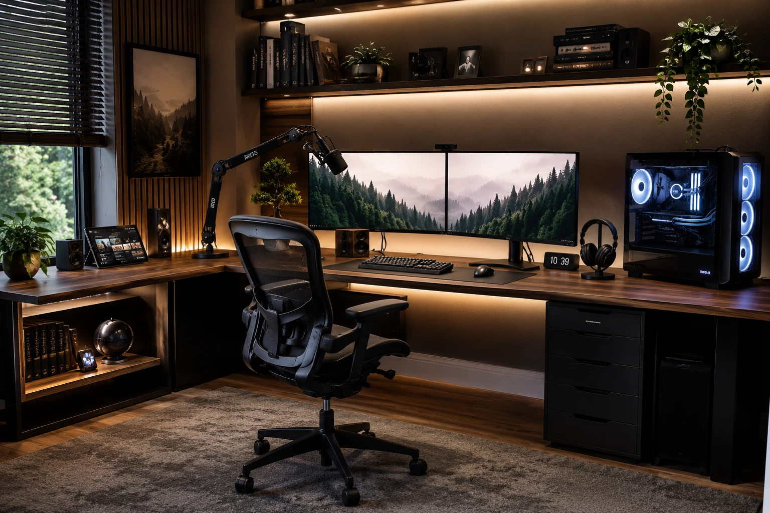 Meja komputer ergonomis dengan setup workstation modern untuk kerja dan gaming.