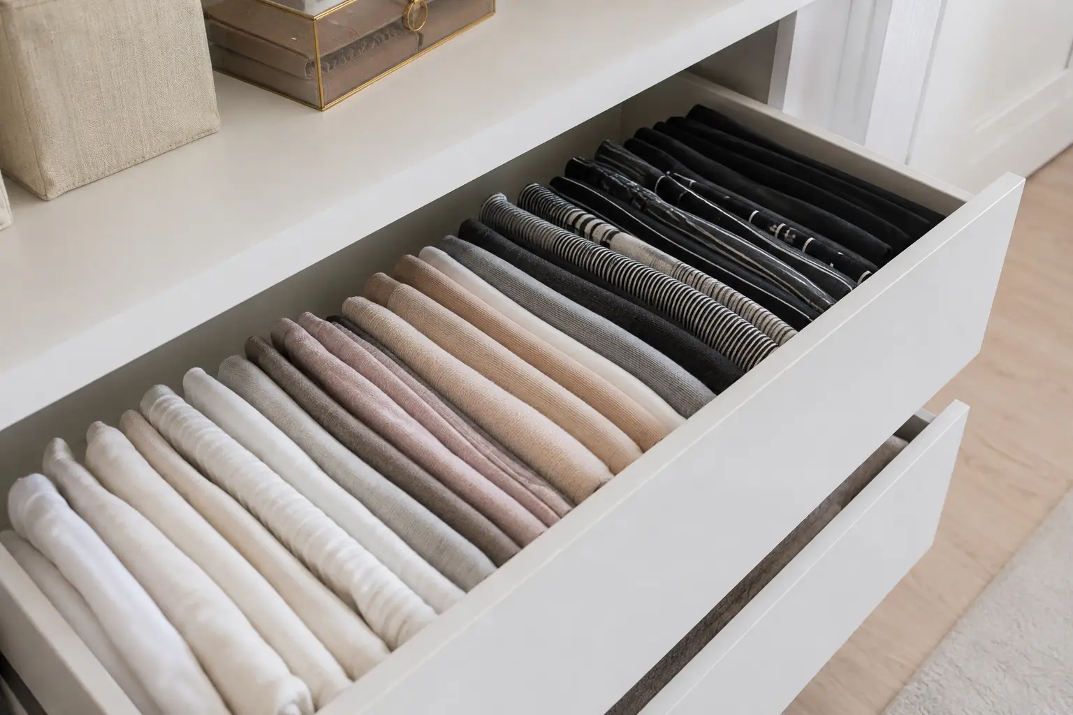 Pakaian yang dilipat dengan metode KonMari tersusun rapi di dalam laci penyimpanan.