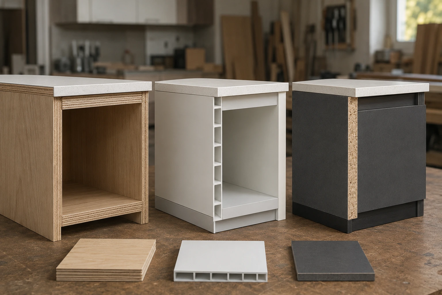 Perbandingan material kitchen set anti rayap seperti multiplek, PVC board, dan HPL