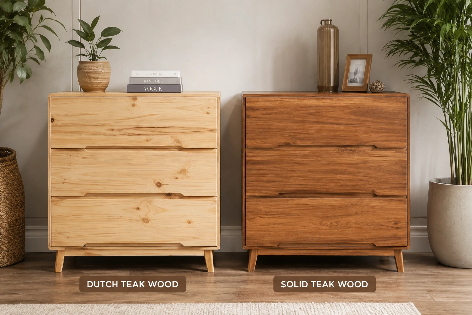 Perbandingan tampilan kayu jati Belanda dan kayu jati asli untuk furniture.
