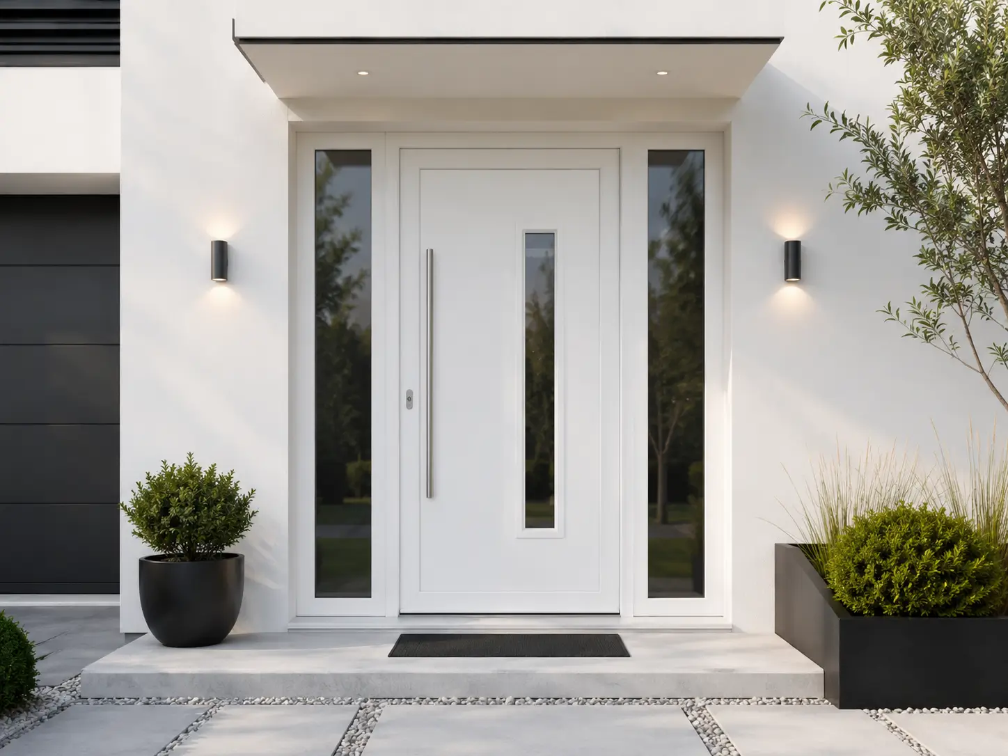 Pintu uPVC modern pada fasad rumah minimalis dengan desain elegan