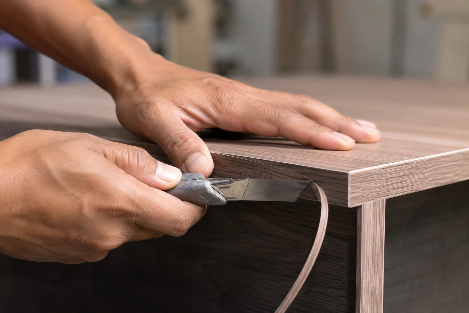 Proses edging HPL untuk menghasilkan sambungan furniture yang rapi.