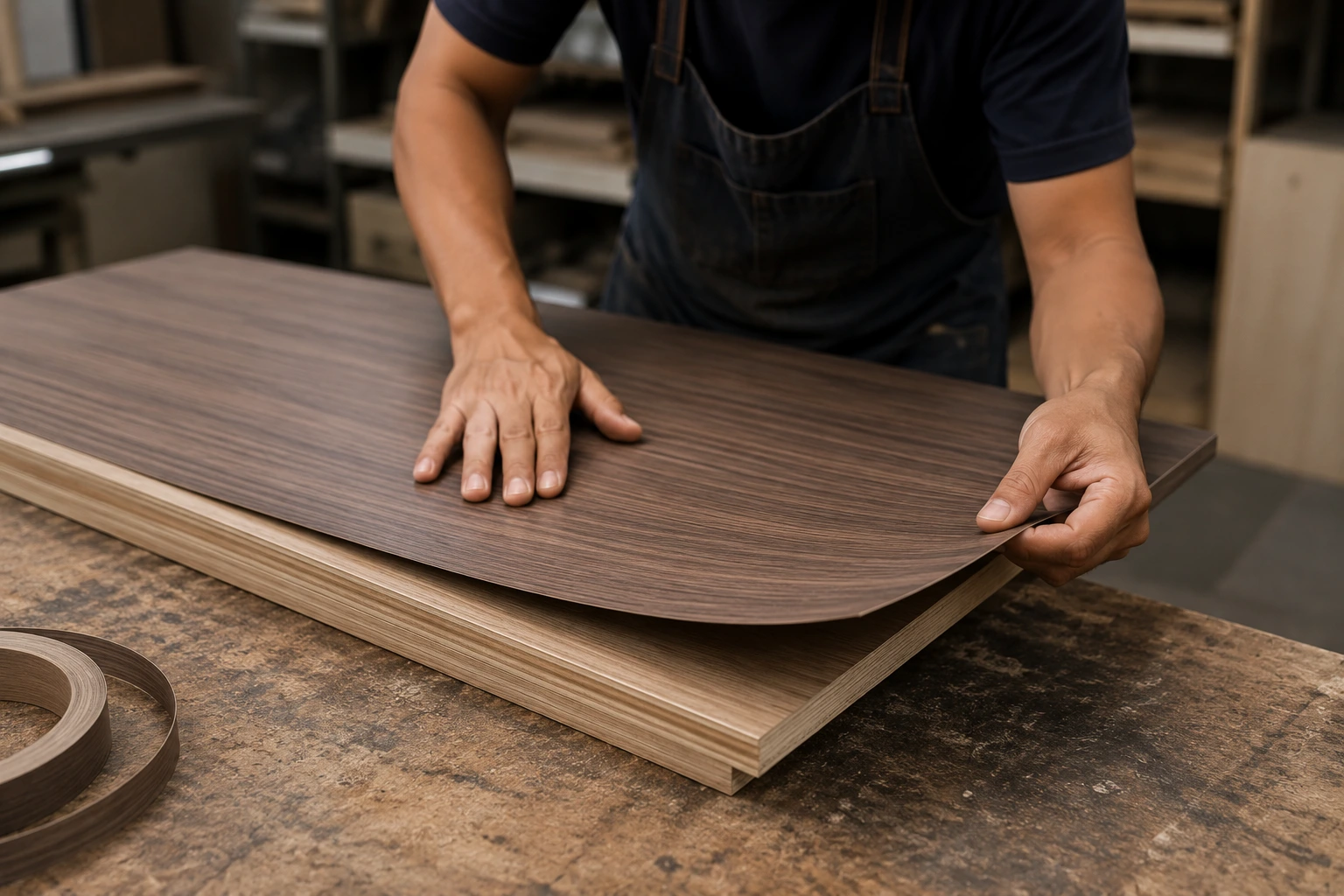Proses finishing HPL pada furniture custom di workshop.