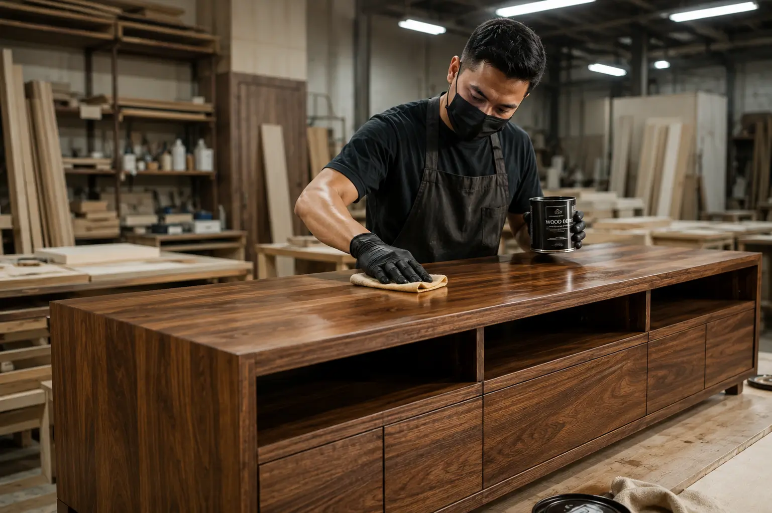 Proses finishing kayu pada furniture custom untuk menghasilkan tampilan yang rapi dan tahan lama