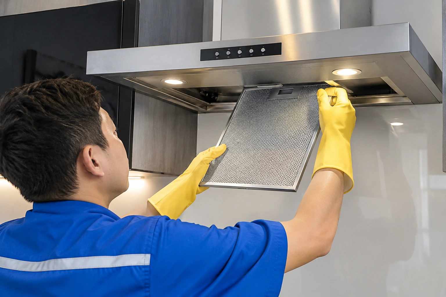 Proses membersihkan filter cooker hood untuk menjaga performa penyedotan asap dapur