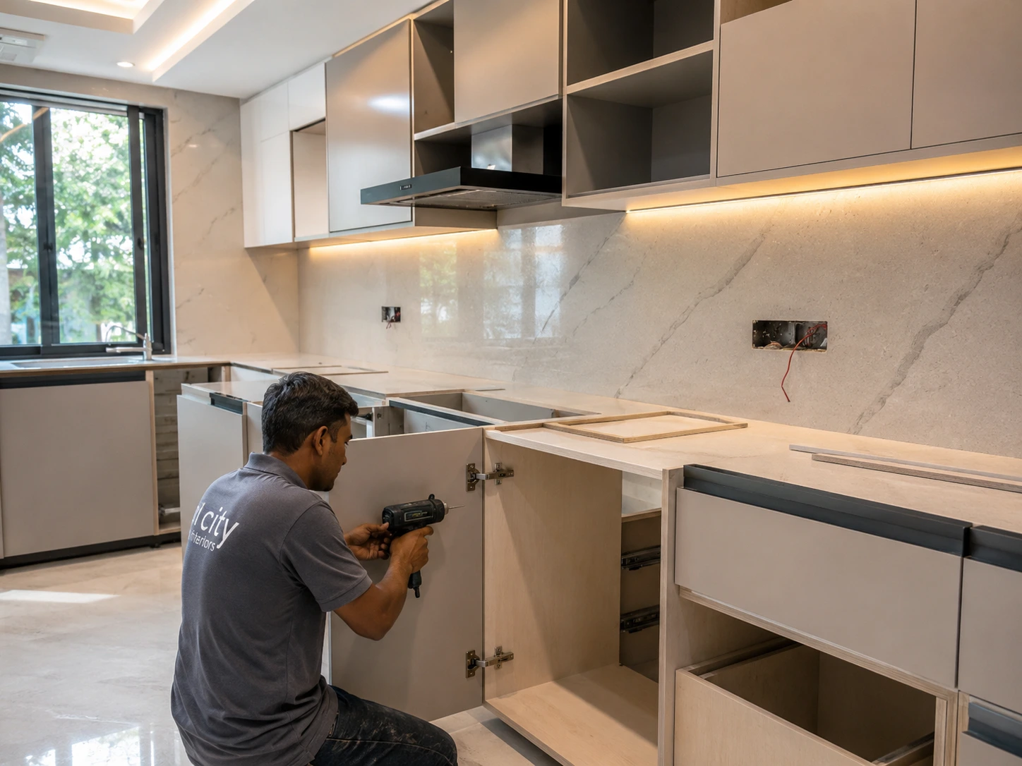 Proses pemasangan kabinet dan finishing kitchen set minimalis modern