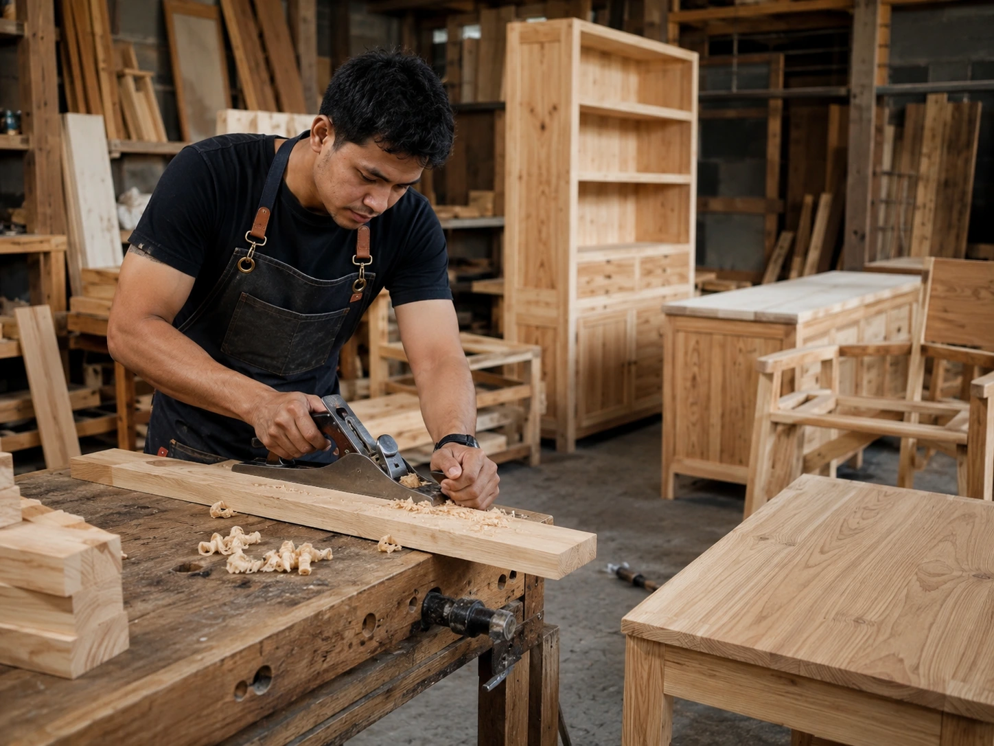Proses pembuatan furniture custom menggunakan kayu jati Belanda berkualitas.
