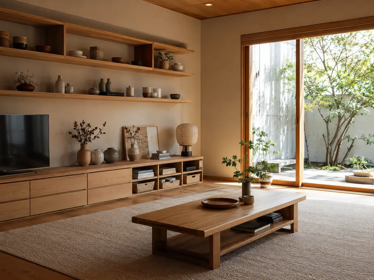 Ruang tamu minimalis Jepang yang rapi dan terorganisir dengan konsep metode KonMari.