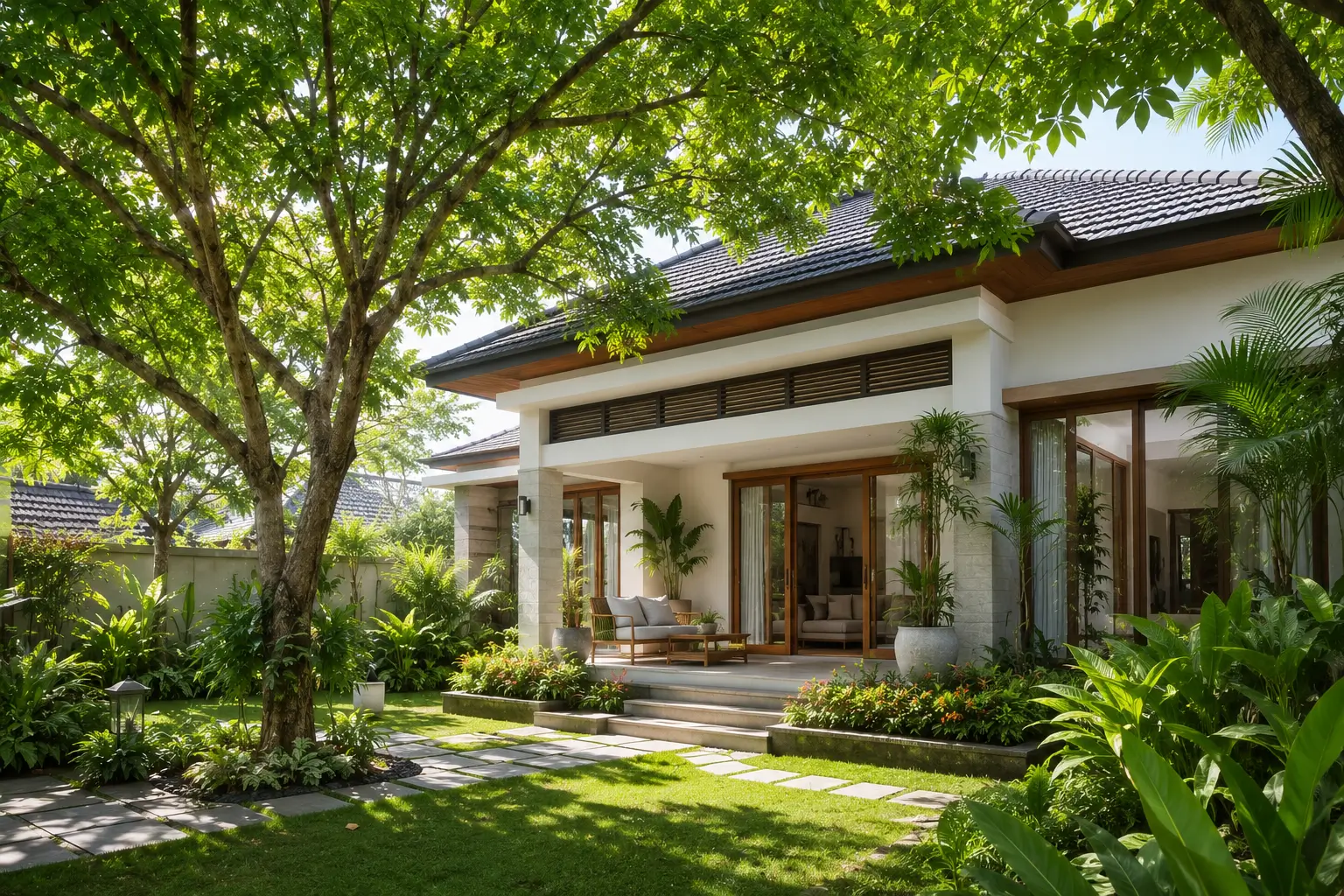 Rumah tropis dengan taman hijau dan tanaman peneduh untuk membantu mengurangi panas lingkungan