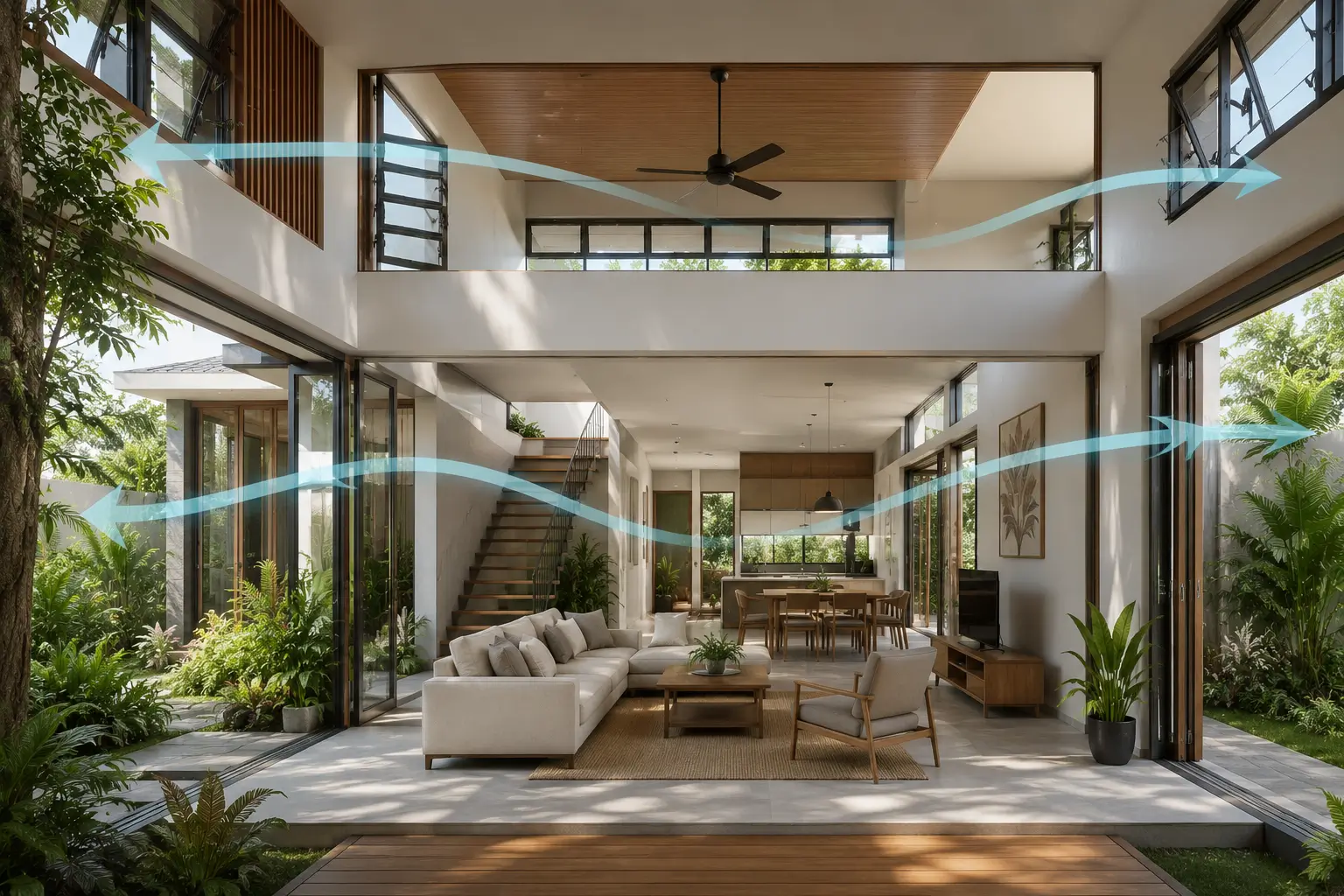 Rumah tropis modern dengan ventilasi silang dan bukaan jendela besar untuk sirkulasi udara alami