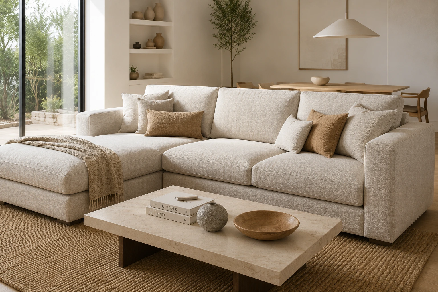 Sofa linen nyaman dengan desain minimalis modern di ruang tamu elegan