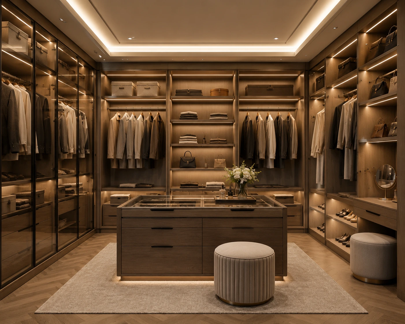 Walk in closet modern dengan sistem penyimpanan custom yang elegan