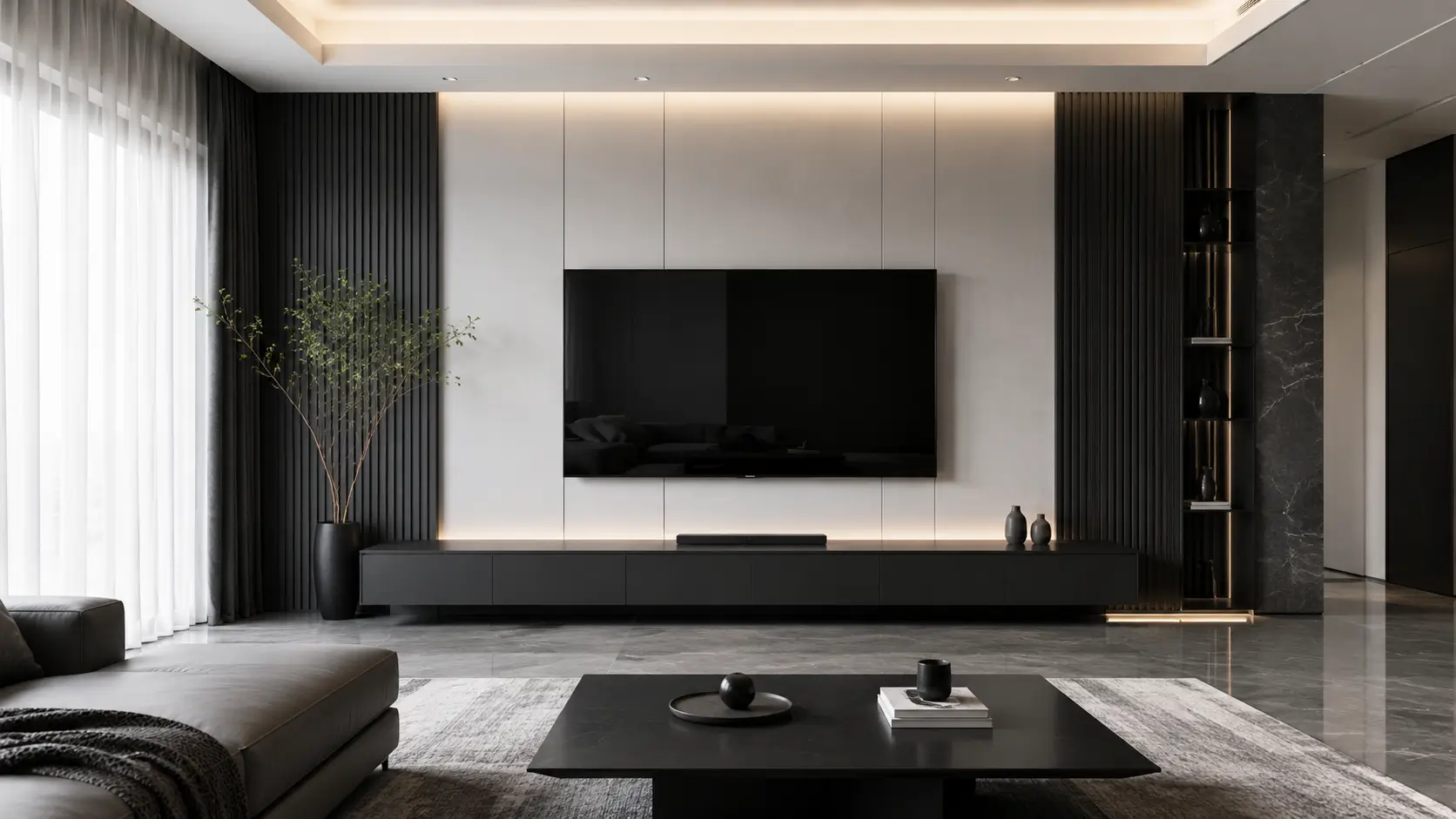 Backdrop TV Monokrom dengan Kabinet Melayang