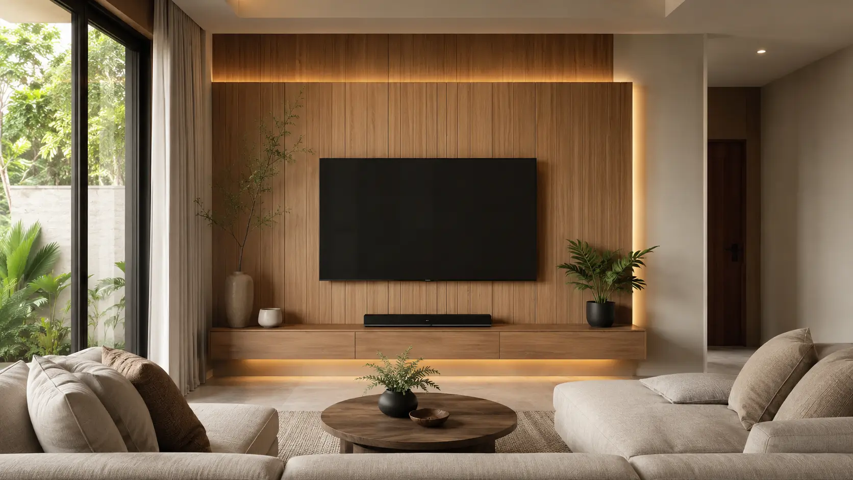 Backdrop TV Panel Kayu Vertikal
