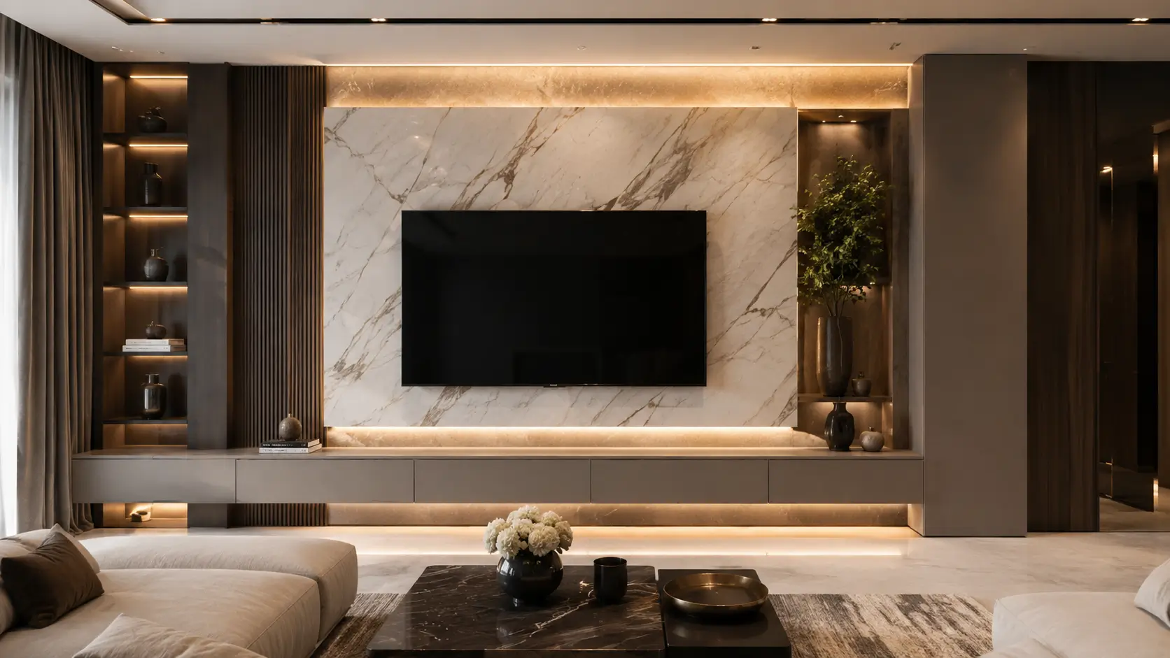 Backdrop TV dengan Finishing Marmer atau Batu Alam