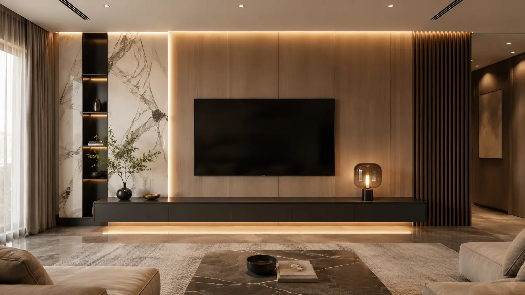 Backdrop TV kayu modern dengan kombinasi marmer dan lampu LED tersembunyi
